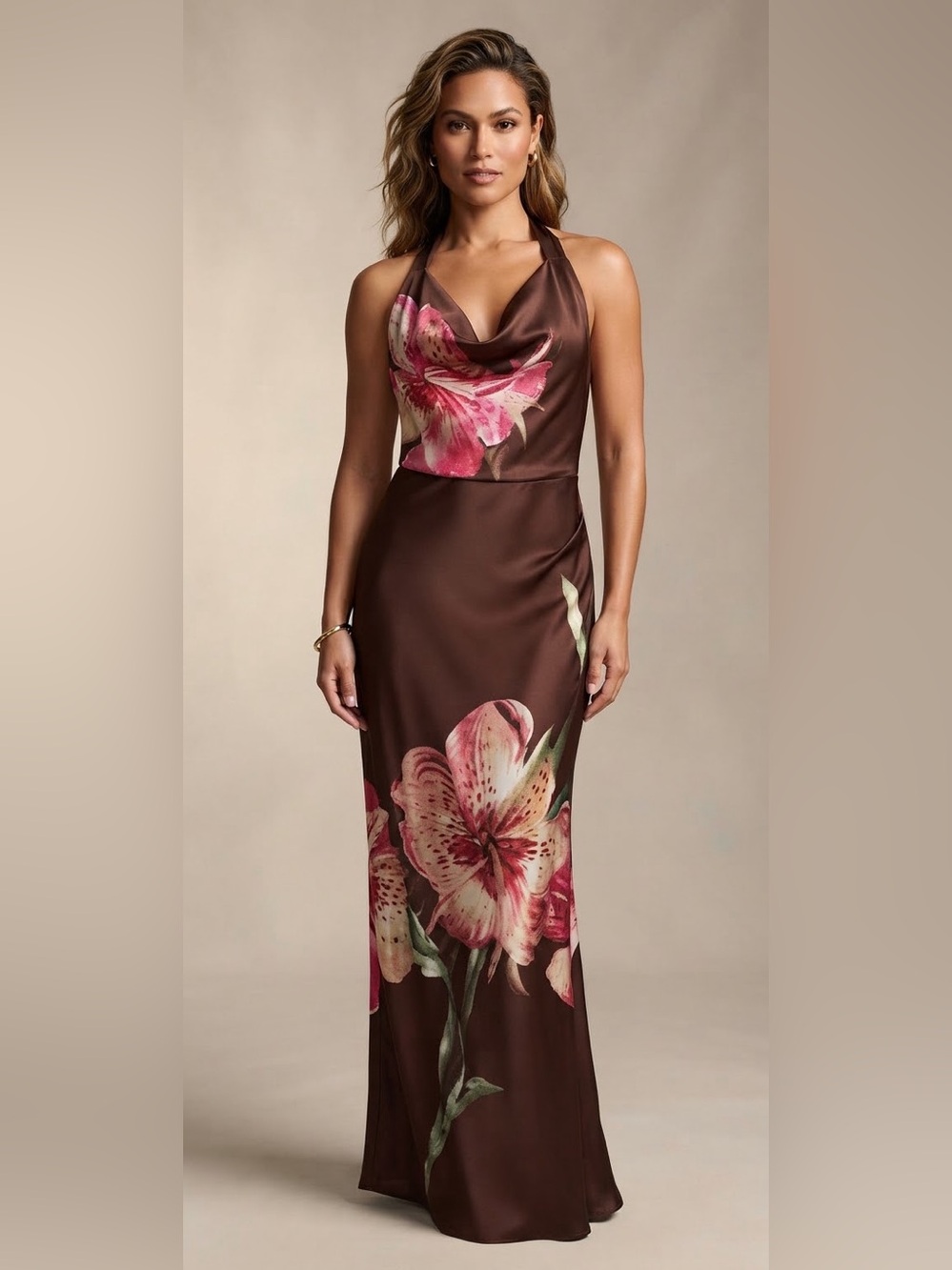 Badgley Mischka Brown Floral Halter Maxi Dress - Pink Accent